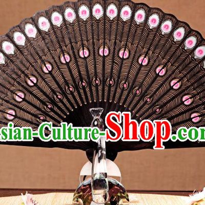 Chinese Traditional Folding Fans Carved Pink Peacock Feather Fan Handmade Craft Fan Ebony Accordion