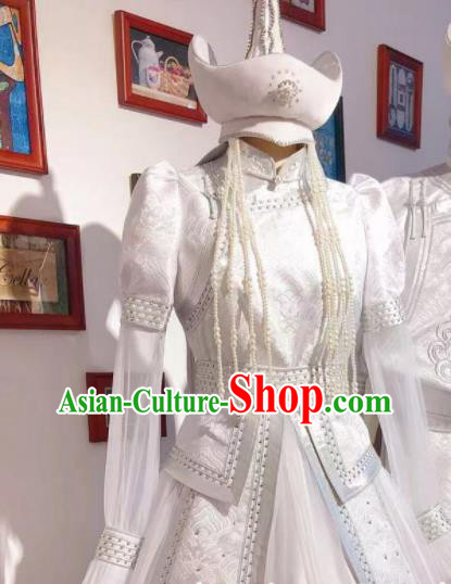 Top Handmade Mongolian Robe Chinese Mongol Nationality White Dress Traditional Wedding Bride Costume Top Handmade Mongolian Robe Chinese Mongol Nationality White Dress Traditional Wedding Bride Costume