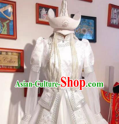 Top Handmade Mongolian Robe Chinese Mongol Nationality White Dress Traditional Wedding Bride Costume Top Handmade Mongolian Robe Chinese Mongol Nationality White Dress Traditional Wedding Bride Costume