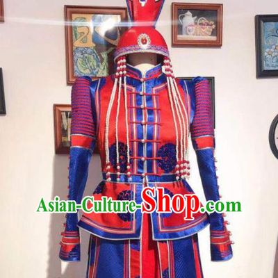 Handmade Wedding Costume Traditional Red Mongolian Robe Chinese Mongol Nationality Bride Dress