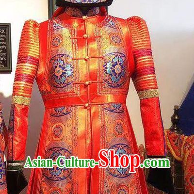 Chinese Mongol Nationality Bride Dress Handmade Wedding Costume Traditional Red Mongolian Robe