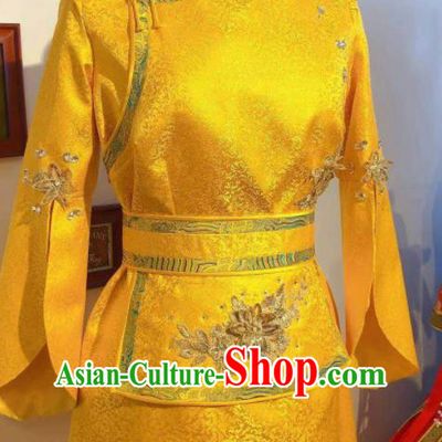 Chinese Traditional Ethnic Clothing Mongol Nationality Festival Gold Dress Mongolian Folk Dance Costume