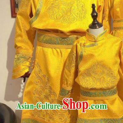 Chinese Mongolian Men Folk Dance Costume Traditional Ethnic Clothing Mongol Nationality Festival Gold Robe