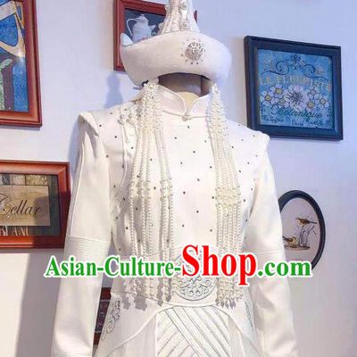 Chinese Traditional Festival White Robe Ethnic Women Clothing Mongol Nationality Wedding Dress Mongolian Folk Dance Costume