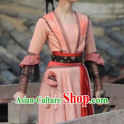 Chinese Traditional Young Lady Pink Dress Wuxia TV Series Heros Wen Rou Costume Ancient Female Swordsman Clothing