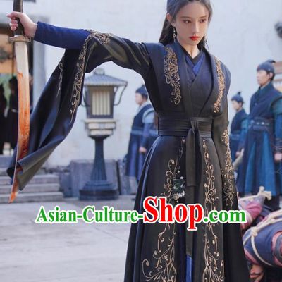 Chinese Ancient Female Swordsman Clothing Traditional Young Lady Black Dress Wuxia TV Series Heros Lei Chun Costume