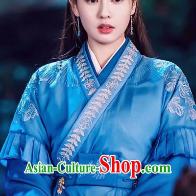 Chinese Ancient Noble Lady Clothing Traditional Embroidered Blue Dress TV Series One and Only Wen Shi Yi Costume