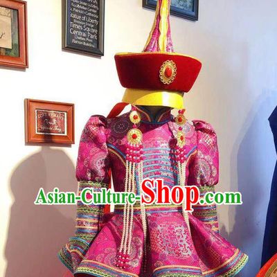 Chinese Mongolian Princess Garment Traditional Ethnic Festival Costume Mongol Nationality Dance Megenta Dress