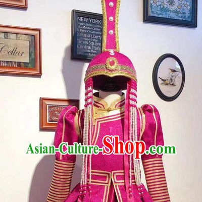 Chinese Mongol Nationality Dance Megenta Dress Mongolian Princess Garment Traditional Ethnic Festival Costume