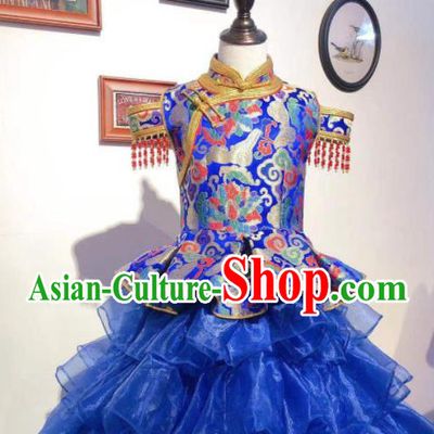 Chinese Traditional Ethnic Festival Costume Mongol Nationality Dance Royal Blue Dress Mongolian Folk Dance Garment