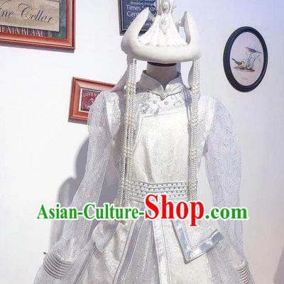 Chinese Mongolian Folk Dance Garment Traditional Ethnic Festival Costume Mongol Nationality Wedding White Dress