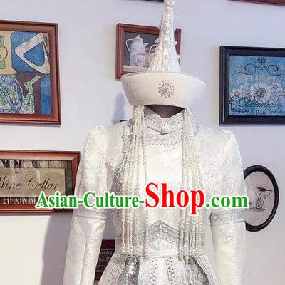 Chinese Mongol Nationality Wedding White Dress Mongolian Folk Dance Garment Traditional Ethnic Festival Costume