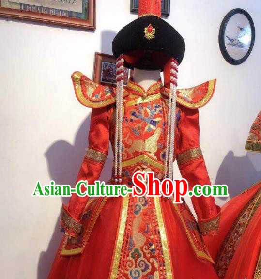 Chinese Mongol Nationality Bride Red Dress Mongolian Festival Garment Traditional Ethnic Wedding Costume Chinese Mongol Nationality Bride Red Dress Mongolian Festival Garment Traditional Ethnic Wedding Costume