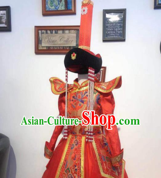 Chinese Mongol Nationality Bride Red Dress Mongolian Festival Garment Traditional Ethnic Wedding Costume Chinese Mongol Nationality Bride Red Dress Mongolian Festival Garment Traditional Ethnic Wedding Costume
