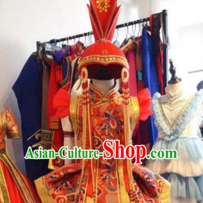 Chinese Mongolian Festival Garment Traditional Ethnic Compere Costume Mongol Nationality Folk Dance Red Dress