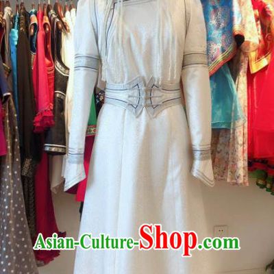 Chinese Mongolian Bride Clothing Ethnic Folk Dance White Dress Mongol Nationality Wedding Garment Costume