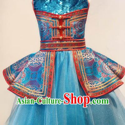 Chinese Ethnic Festival Girl Blue Dress Mongol Nationality Garment Costume Mongolian Folk Dance Clothing