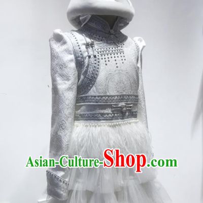 Chinese Mongol Nationality Girl White Short Dress Mongolian Folk Dance Clothing Ethnic Stage Performance Costume