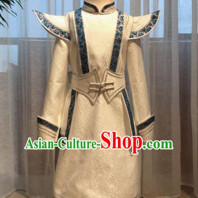 Chinese Mongol Nationality Boy White Garment Mongolian Festival Dance Clothing Ethnic Costume