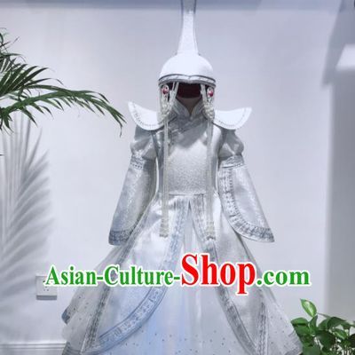 Chinese Mongolian Festival Performance Clothing Ethnic Folk Dance Costume Mongol Nationality Girl White Dress Garment and Hat