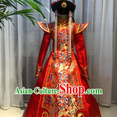 Chinese Mongol Nationality Women Red Dress Garment Mongolian Festival Performance Clothing Ethnic Wedding Costume and Hat