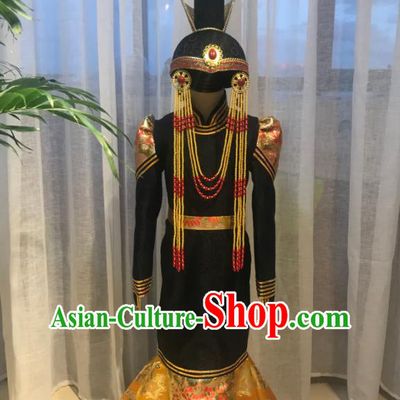 Chinese Ethnic Woman Costume Mongol Nationality Women Black Fishtail Dress Garment Mongolian Festival Performance Clothing and Hat