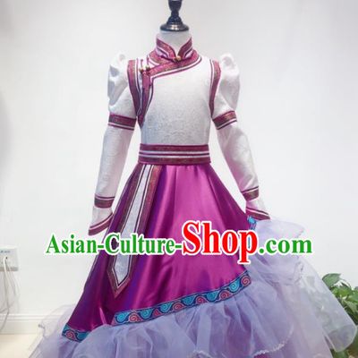 Chinese Mongolian Girl Performance Magenta Dress Ethnic Children Clothing Mongol Nationality Folk Dance Costume