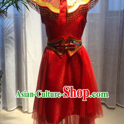 Chinese Mongolian Girl Dance Red Dress Ethnic Children Clothing Mongol Nationality Performance Costume