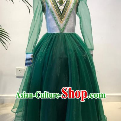 Chinese Mongolian Children Folk Dance Green Dress Ethnic Festival Performance Clothing Mongol Nationality Costume