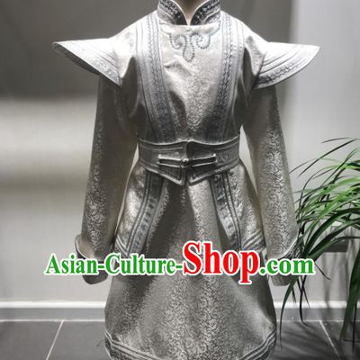 Chinese Ethnic Festival Performance Clothing Mongol Nationality Boy Costume Mongolian Folk Dance White Brocade Robe