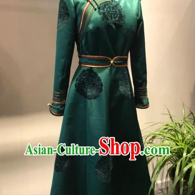 Chinese Ethnic Stage Performance Clothing Mongol Nationality Woman Garment Costume Mongolian Folk Dance Green Dress