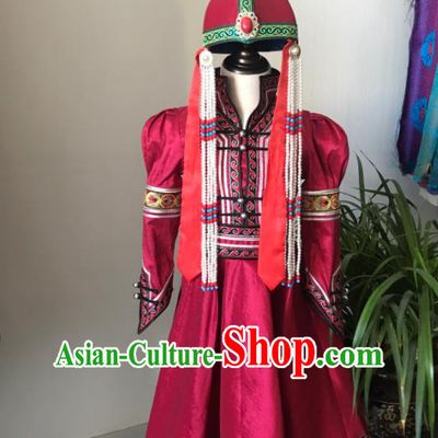 Chinese Mongolian Folk Dance Magenta Dress Ethnic Stage Performance Clothing Mongol Nationality Girl Garment Costume and Headwear