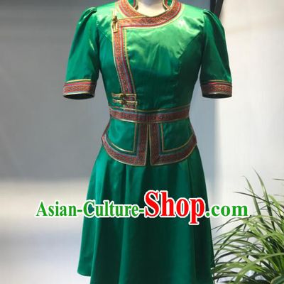 Chinese Ethnic Waitress Clothing Mongol Nationality Woman Garment Costume Mongolian Folk Dance Green Dress