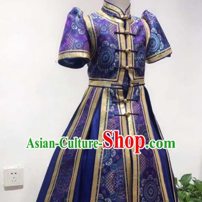 Chinese Ethnic Children Clothing Mongol Nationality Folk Dance Costume Mongolian Girl Performance Deep Blue Dress