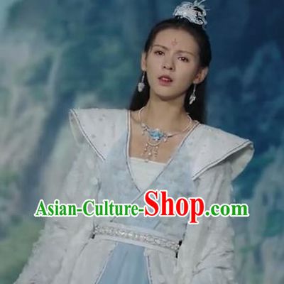 Chinese Ancient Fairy Beauty Blue Dress Romance Movie Mermaid Bound Bai Qiulian Garment Costume