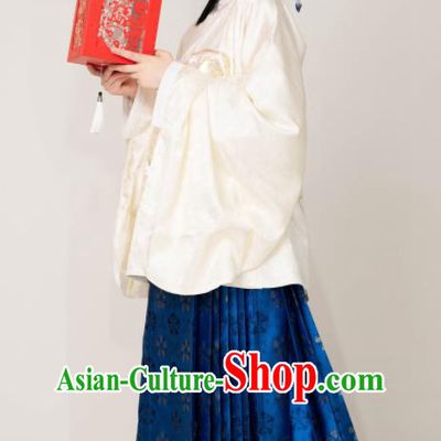 Chinese Ming Dynasty Princess Garment Costumes Traditional Hanfu Beige Blouse and Blue Skirt Ancient Noble Lady Clothing