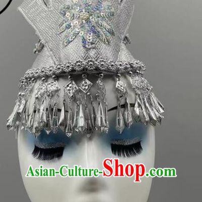 Chinese Miao Ethnic Women Headwear Miao Nationality Dance Argent Headdress Ethnic Stage Performance Hair Jewelry