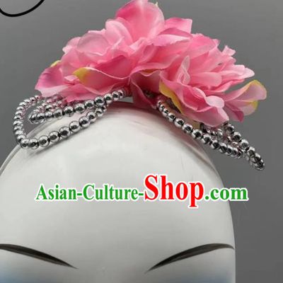 China Woman Solo Dance Headpiece Stage Performance Headwear Classical Dance Pink Flower Hair Jewelry