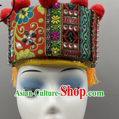 Chinese Yao Nationality Dance Headpiece Ethnic Stage Performance Red Hat Gaoshan Minority Women Headwear