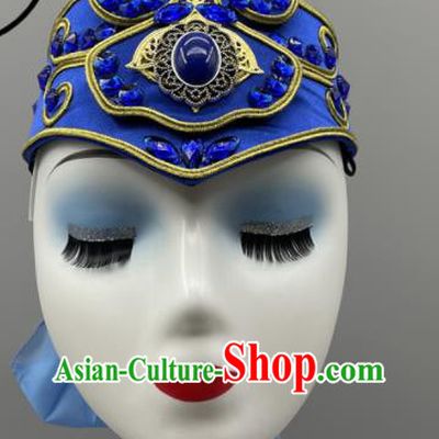 Chinese Mongol Nationality Dance Headpiece Ethnic Stage Performance Blue Hat Mongolian Minority Women Headwear