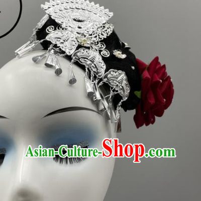 Chinese Yao Minority Women Headwear Miao Nationality Dance Headpieces Ethnic Stage Performance Wig Headdress