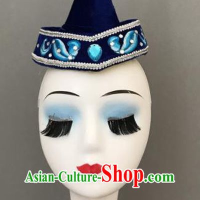 Chinese Mongolian Minority Dance Headwear Mongol Nationality Woman Headdress Ethnic Stage Performance Deep Blue Hat