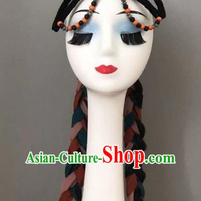 Chinese Tibetan Minority Dance Hair Jewelry Zang Nationality Woman Headdress Ethnic Stage Performance Braids Headpiece
