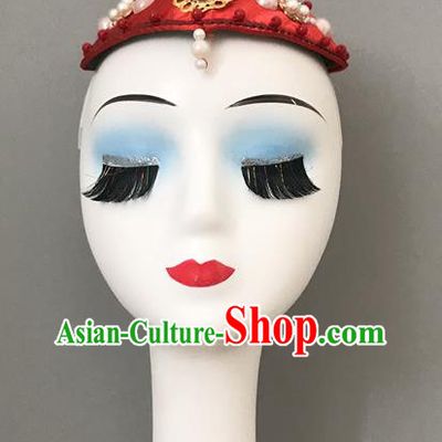 Chinese Mongolian Nationality Woman Headdress Ethnic Stage Performance Red Headpiece Mongol Minority Bowl Dance Hair Jewelry