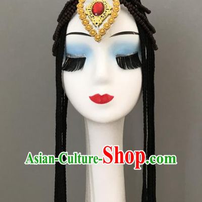 Chinese Ethnic Stage Performance Hair Jewelries Tibetan Minority Dance Headwear Zang Nationality Woman Braids Headdress