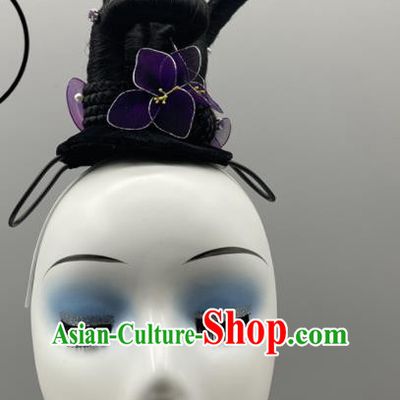 China Classical Dance Wig and Purple Flowers Hair Jewelries Ancient Beauty Dance Headpieces Women Group Stage Performance Headdress