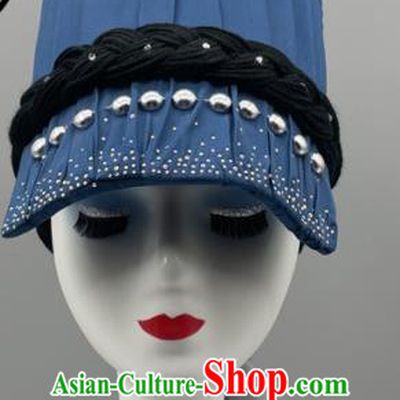 Chinese Yi Nationality Woman Braids Headdress Ethnic Stage Performance Blue Hat Wa Minority Dance Headwear