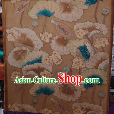 Chinese Classical Lotus Pattern Design Gambiered Guangdong Gauze Fabric Traditional Cheongsam Light Brown Silk Material