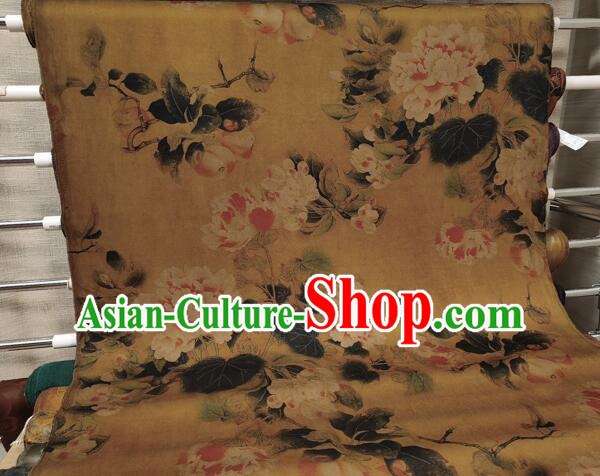 Chinese Traditional Cheongsam Yellow Silk Material Classical Peony Pattern Design Gambiered Guangdong Gauze Fabric Chinese Traditional Cheongsam Yellow Silk Material Classical Peony Pattern Design Gambiered Guangdong Gauze Fabric