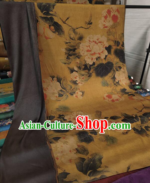 Chinese Traditional Cheongsam Yellow Silk Material Classical Peony Pattern Design Gambiered Guangdong Gauze Fabric Chinese Traditional Cheongsam Yellow Silk Material Classical Peony Pattern Design Gambiered Guangdong Gauze Fabric